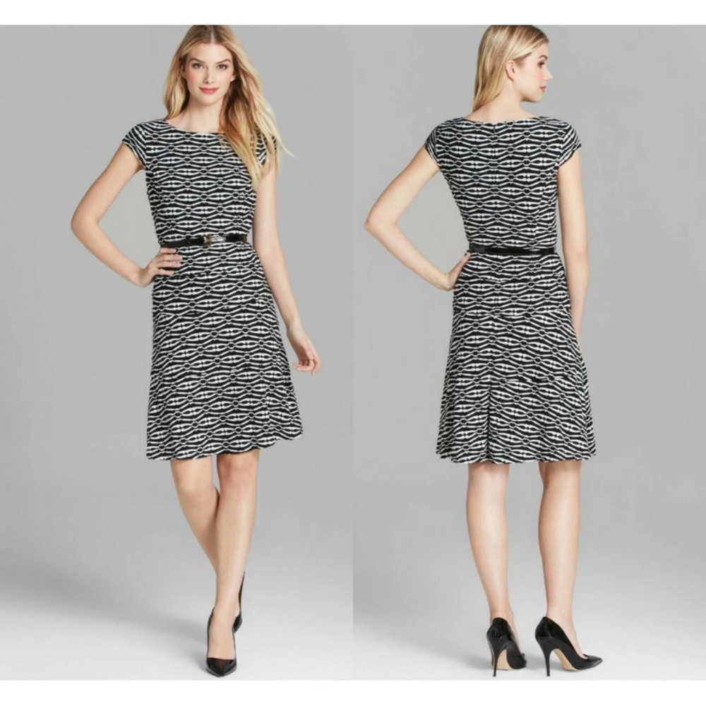Anne Klein Dress 12 Black Ivory Squiggles Dropped Waist Stretch Career Belt
